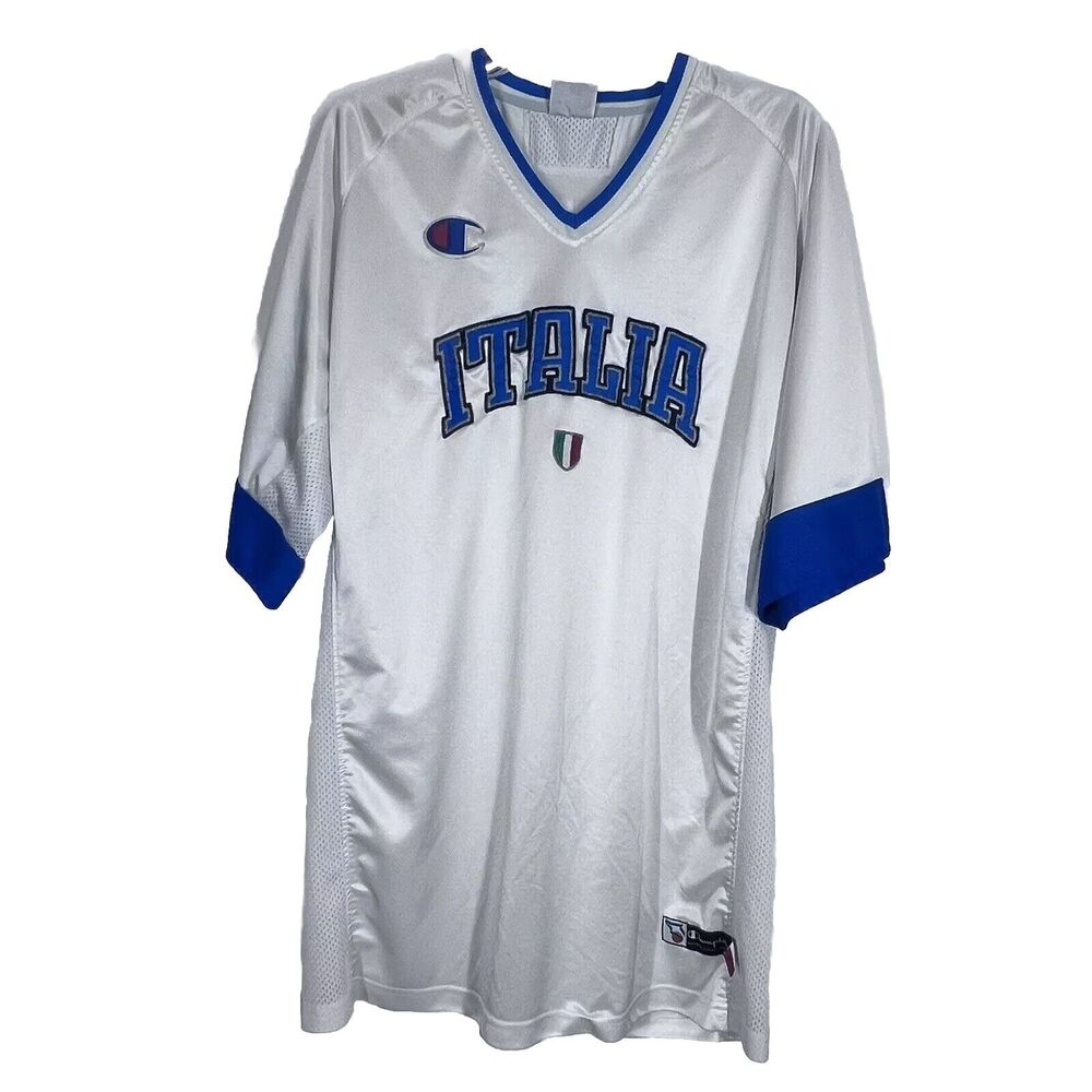 Champion Vintage Team Italia White Blue Trim Soccer Shirt Sleeve Center Logo
